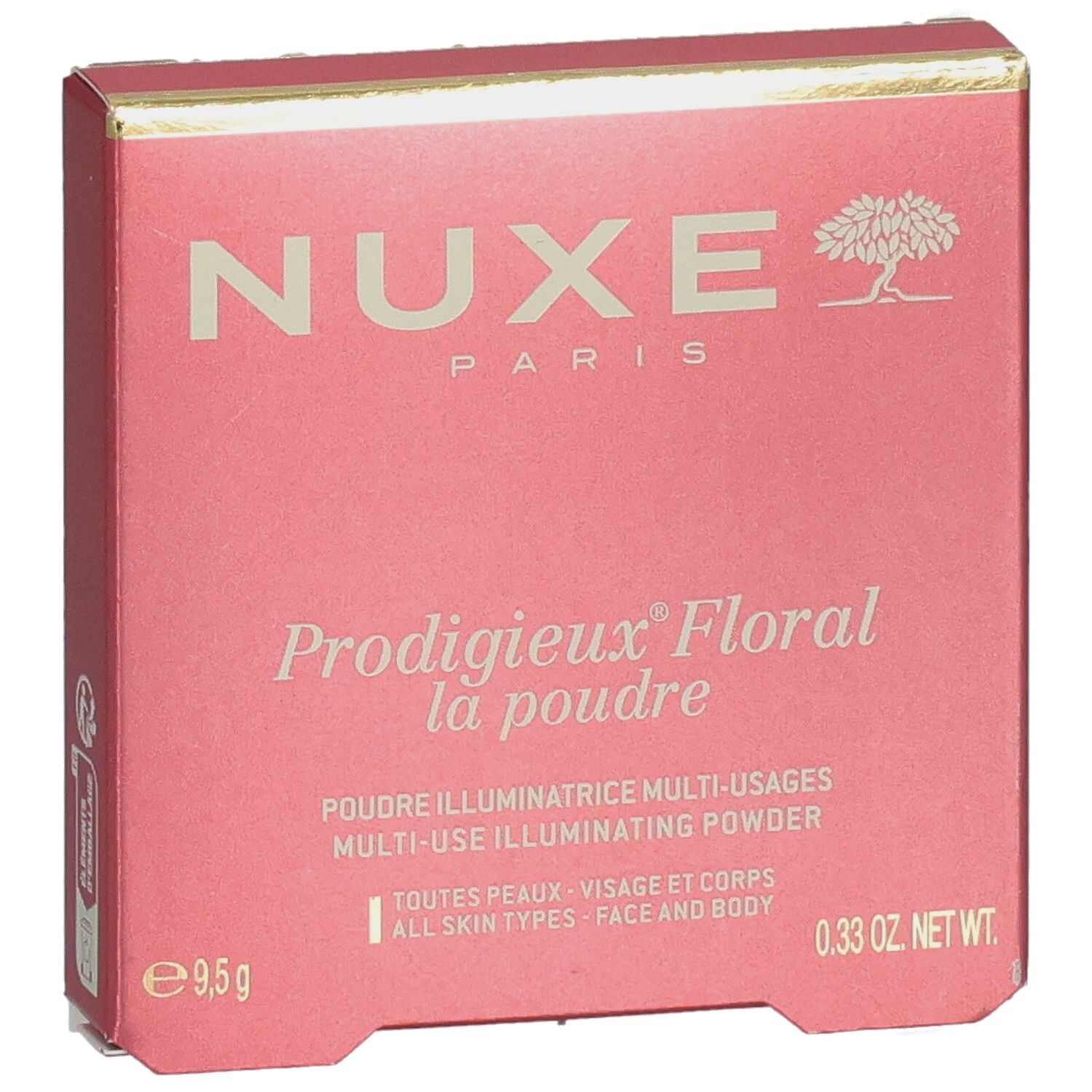 Boîte rose. NUXE Paris en haut. Prodigieux Floral la poudre en dessous. Poudre illuminatrice multi-usages. Pour visage et corps.
