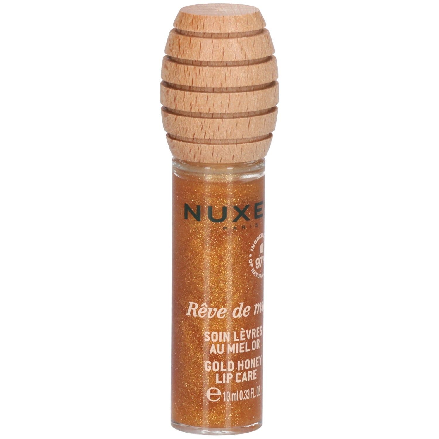 Gloss doré en flacon de verre avec bouchon en bois. Inscription: Nuxe, Rêve de miel, Soin Lèvres au Miel Or, Gold Honey Lip Care.