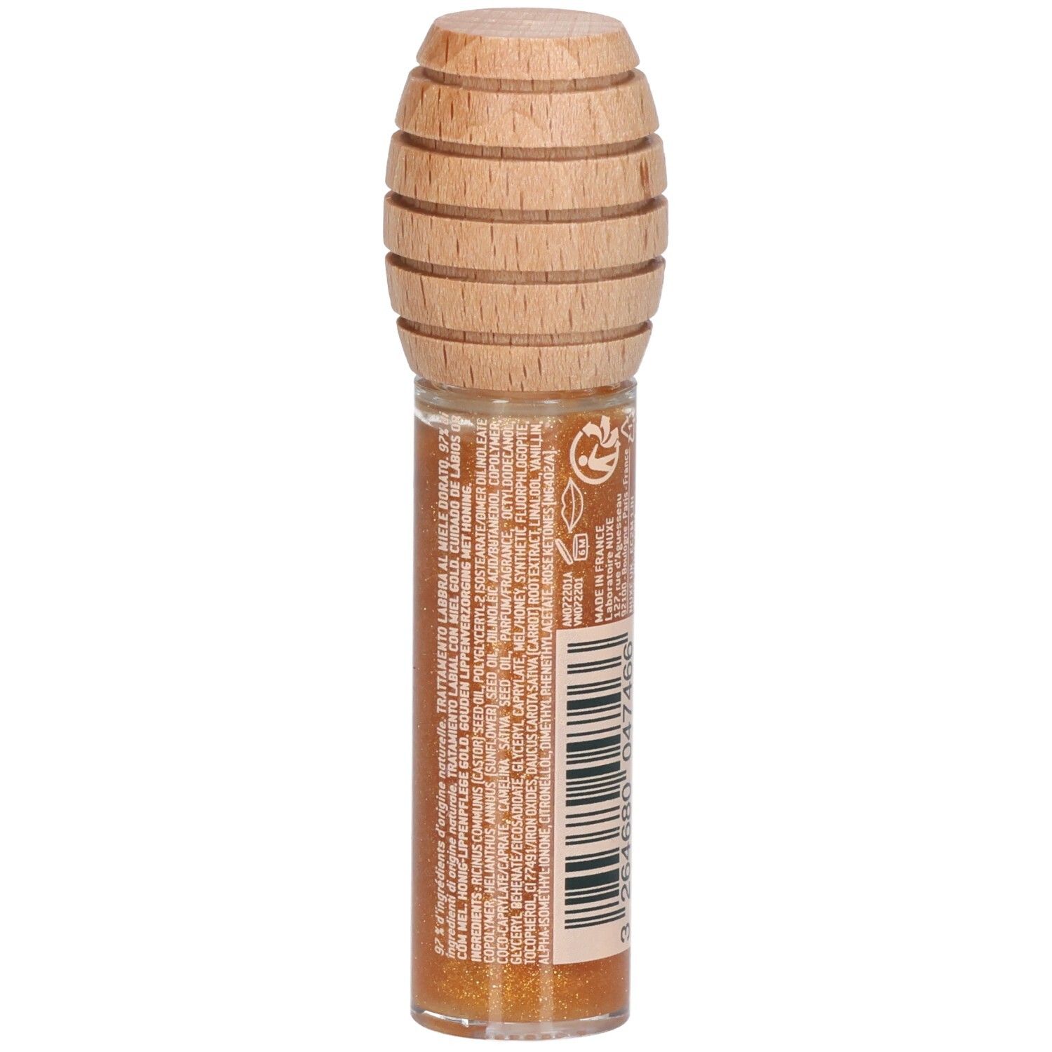 Gloss doré en flacon de verre avec bouchon en bois. Dos avec texte. Nom du produit: Rêve de miel, Soin Lèvres au Miel Or.