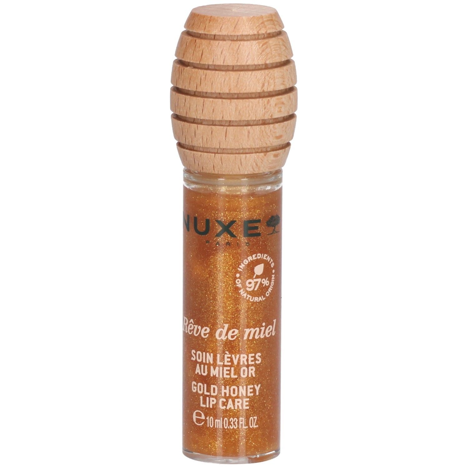 Gloss doré en flacon de verre avec bouchon en bois. Inscription: Nuxe, Rêve de miel, Soin Lèvres au Miel Or, Gold Honey Lip Care, 97% ingrédients naturels.