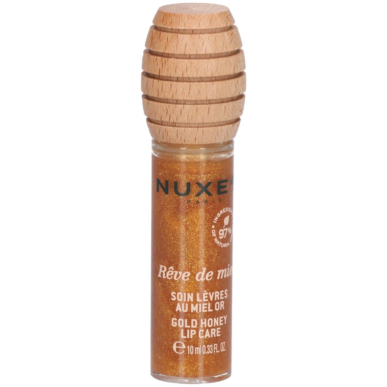 Gloss doré en flacon de verre avec bouchon en bois. Inscription: Nuxe, Rêve de miel, Soin Lèvres au Miel Or, Gold Honey Lip Care, 97% ingrédients naturels.