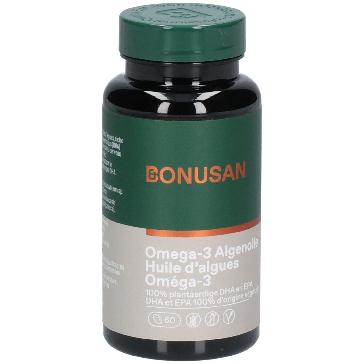 Flacon noir avec bouchon vert. Inscription: Bonusan, Omega-3 Algenolie, 60 capsules. Labels végétaliens.