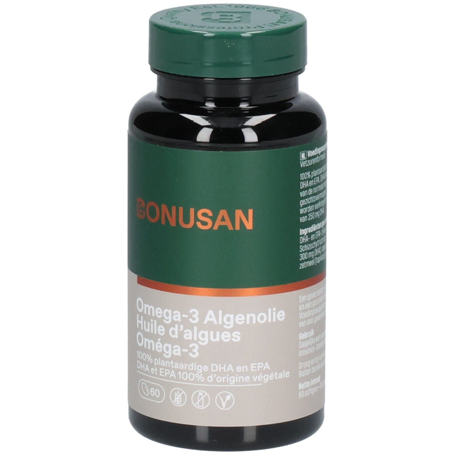 Flacon noir avec bouchon vert. Inscription: Bonusan, Omega-3 Algenolie, 60 capsules. Labels végétaliens.