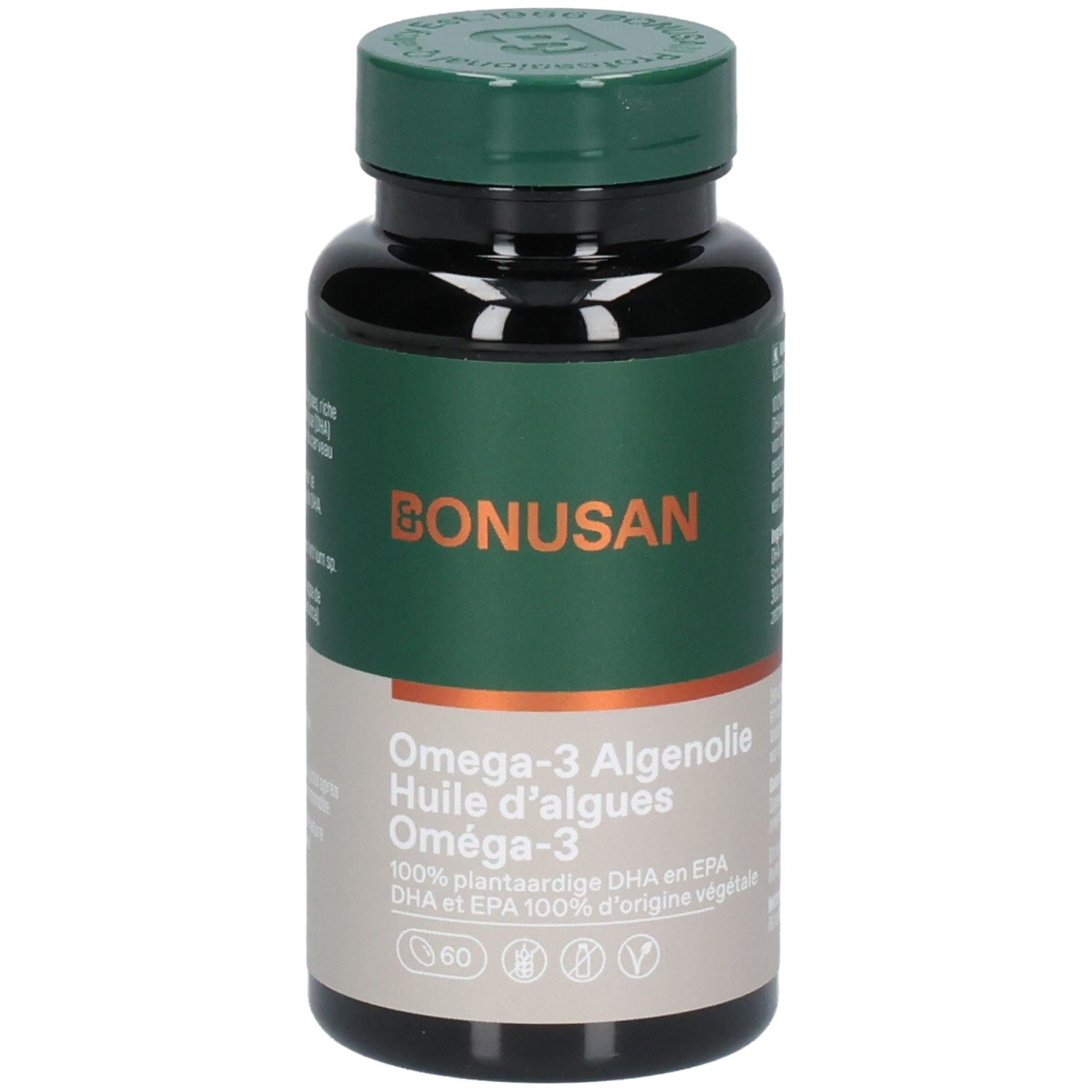 Flacon noir avec bouchon vert. Inscription: Bonusan, Omega-3 Algenolie, 60 capsules. Labels végétaliens.