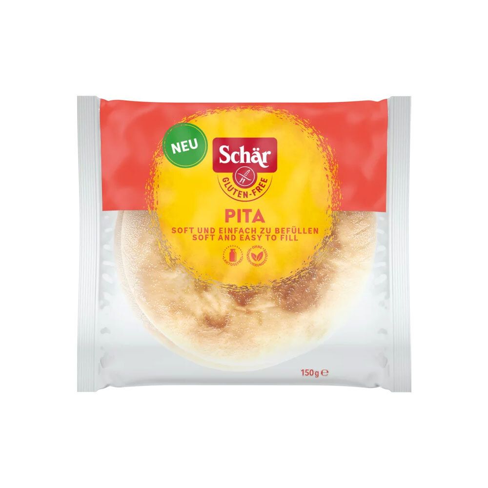 Pita emballée. Étiquette jaune avec "Schär", "Gluten-Free" et "Pita". "Soft und einfach zu befüllen". Indication 150g.