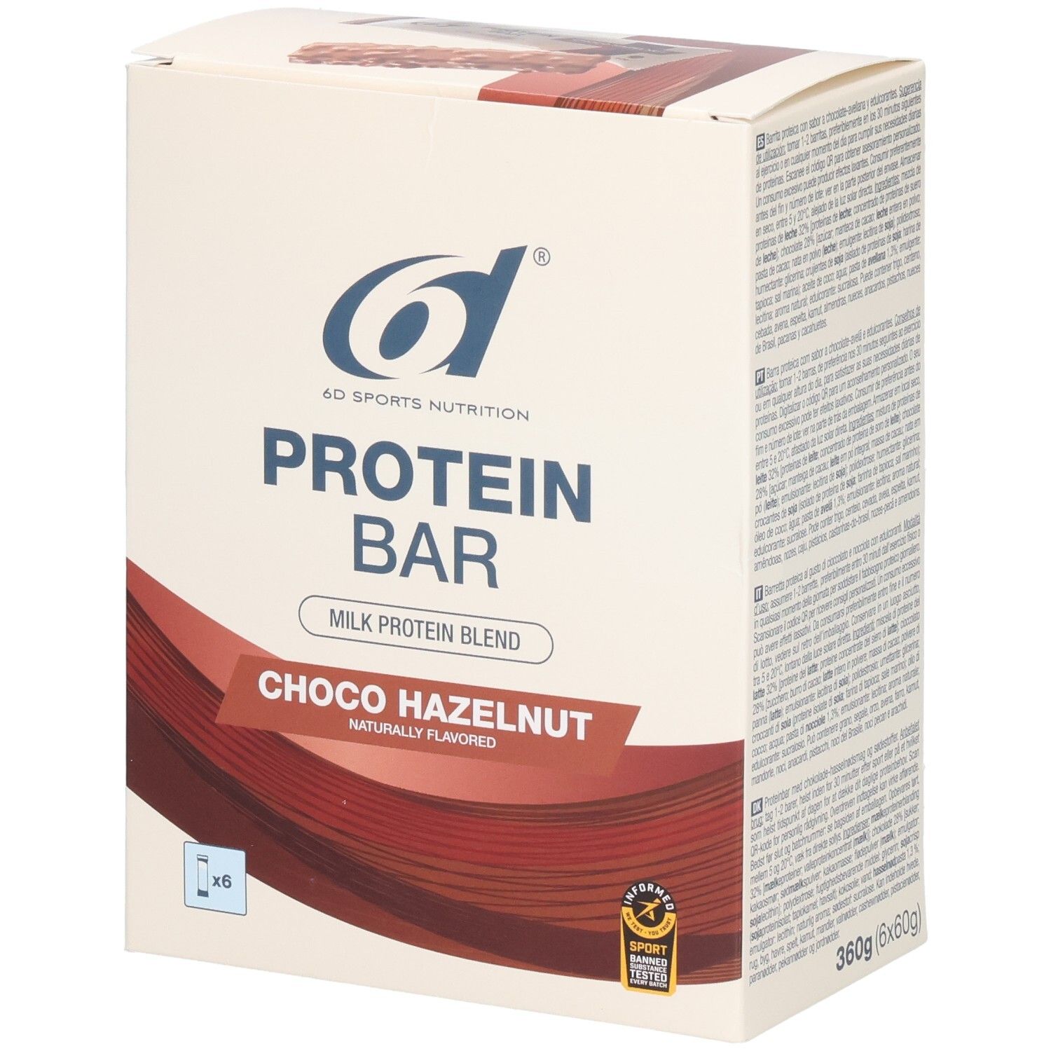 Boîte de 6d Protein Bar Choco-noisette. Inscription : Protein Bar, Choco Hazelnut. 6x60g. Logo : 6d Sports Nutrition.