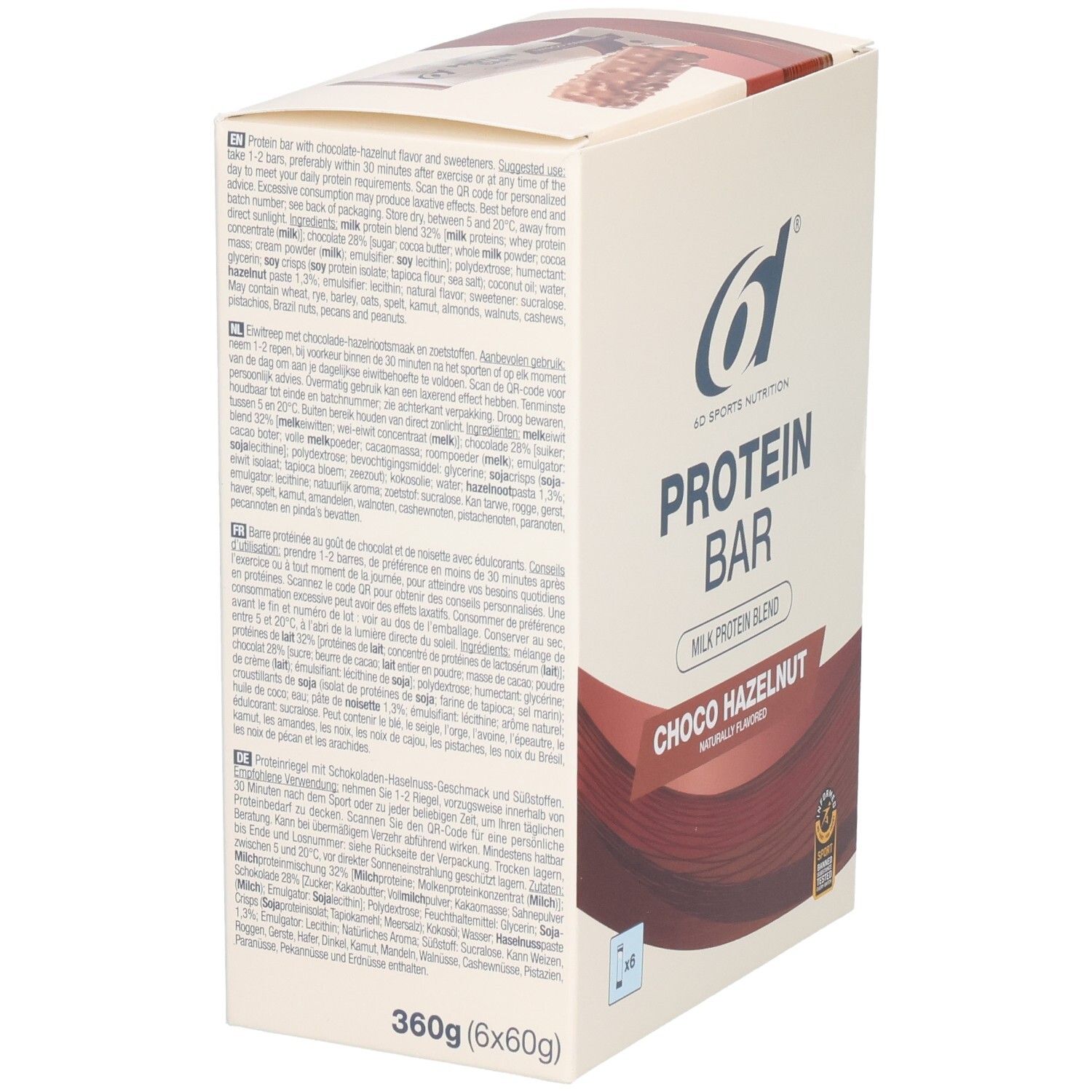 Dos de l'emballage de 6d Protein Bar. Texte multilingue. Logo : 6d Sports Nutrition. 360g (6x60g).