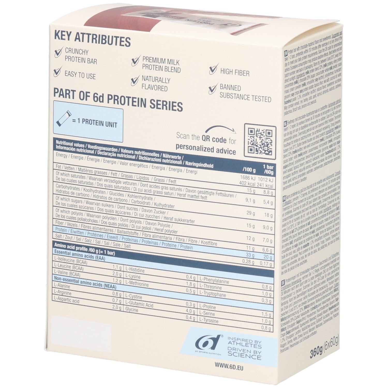 Dos de l'emballage de 6d Protein Bar. Texte avec valeurs nutritionnelles et ingrédients. Logo : 6d Sports Nutrition. 360g (6x60g).