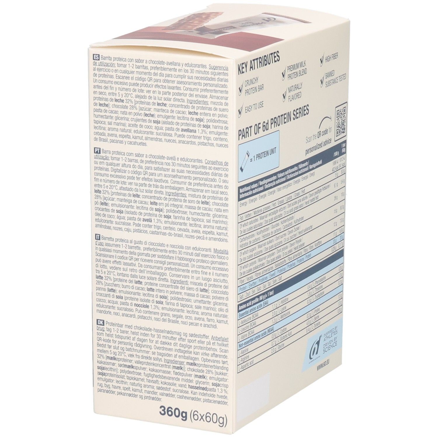 Dos de l'emballage de 6d Protein Bar. Texte multilingue. Logo : 6d Sports Nutrition. 360g (6x60g).