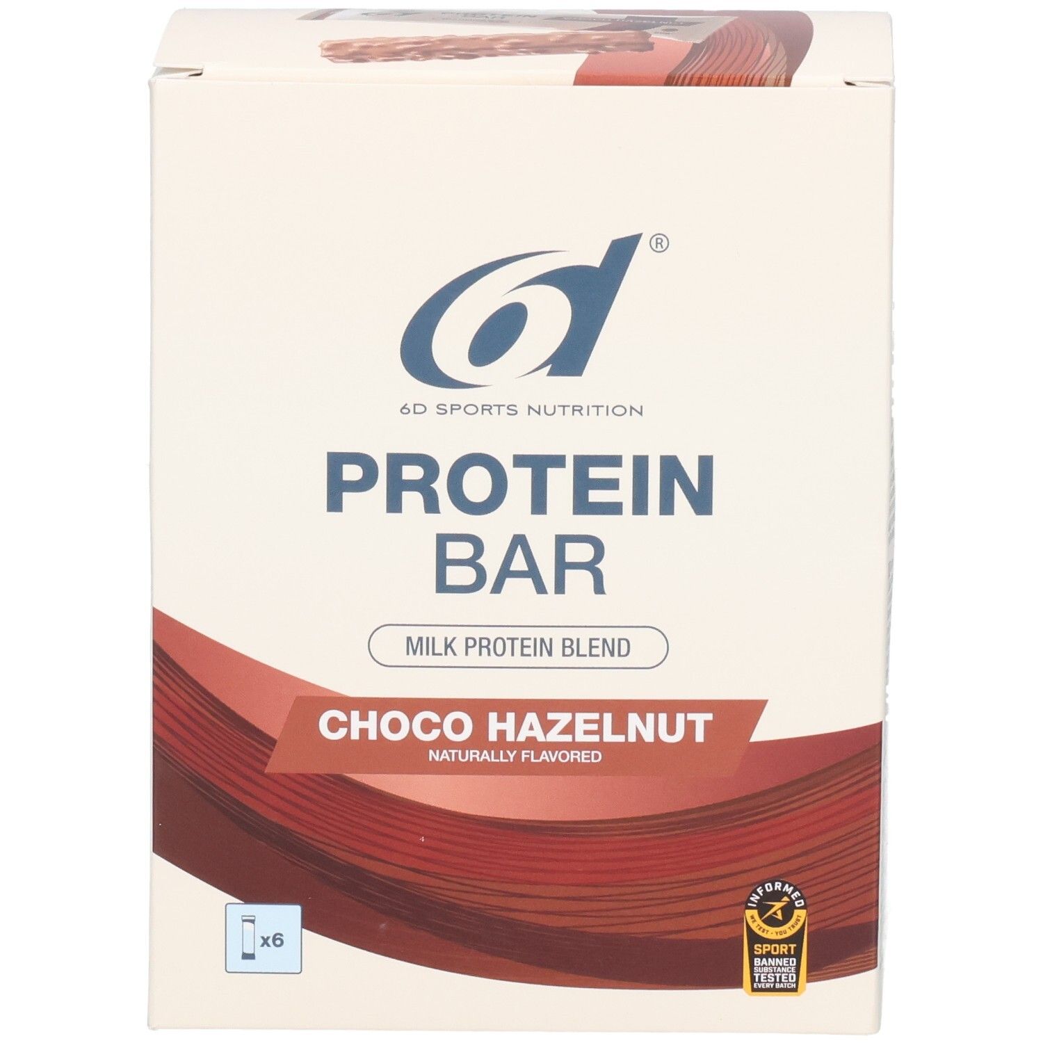 Emballage de 6d Protein Bar Choco-noisette. Inscription : Protein Bar, Choco Hazelnut. Logo : 6d Sports Nutrition. 6 barres illustrées.