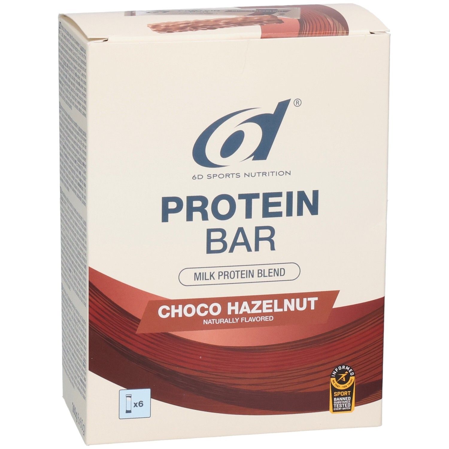Emballage de 6d Protein Bar Choco-noisette. Inscription : Protein Bar, Choco Hazelnut. Logo : 6d Sports Nutrition. 6 barres illustrées.