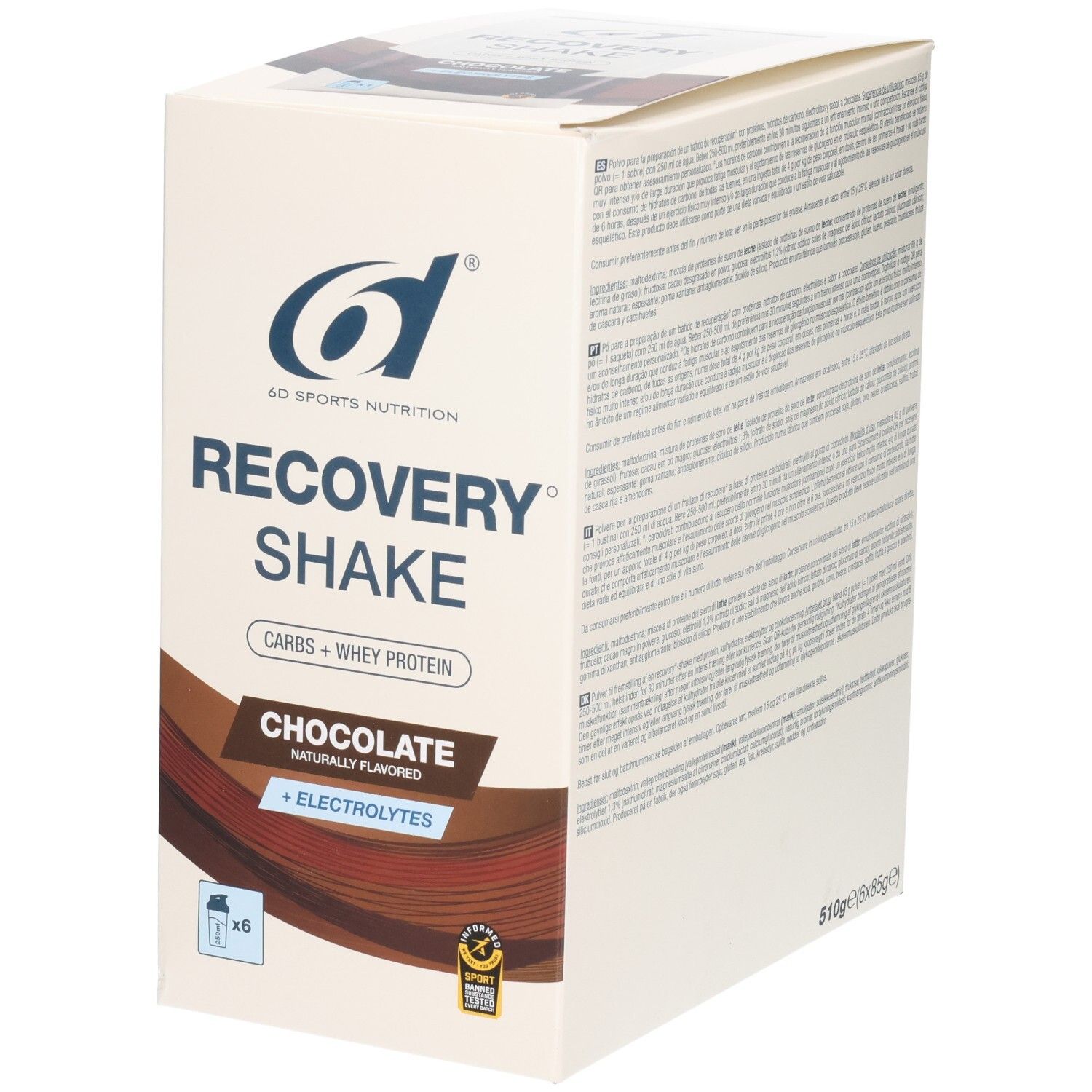 Boîte de 6 doses de Recovery Shake saveur chocolat 6d Sports Nutrition. Glucides + Protéine de lactosérum.