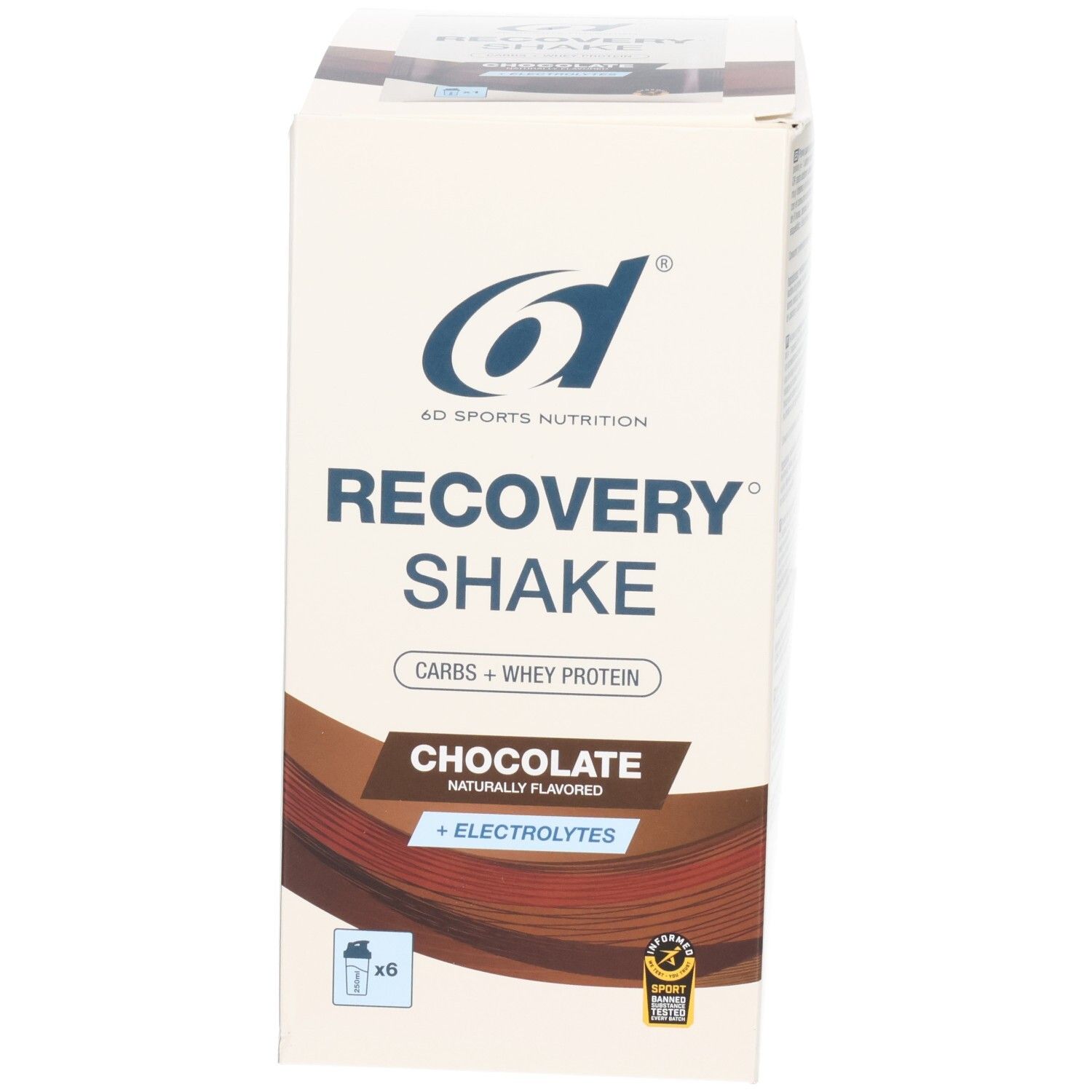 Avant de la boîte Recovery Shake 6d Sports Nutrition saveur chocolat avec électrolytes.
