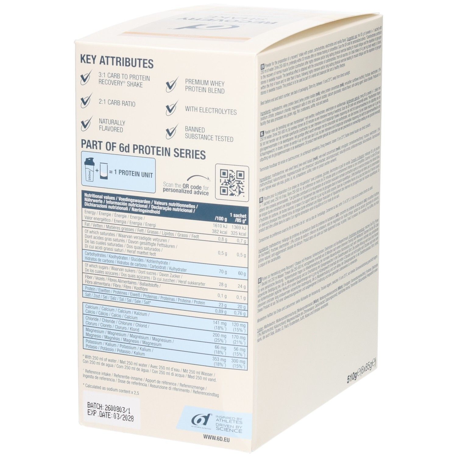 Côté de la boîte Recovery Shake avec attributs clés tels que ratio 2:1 glucides/protéines et tableau nutritionnel.
