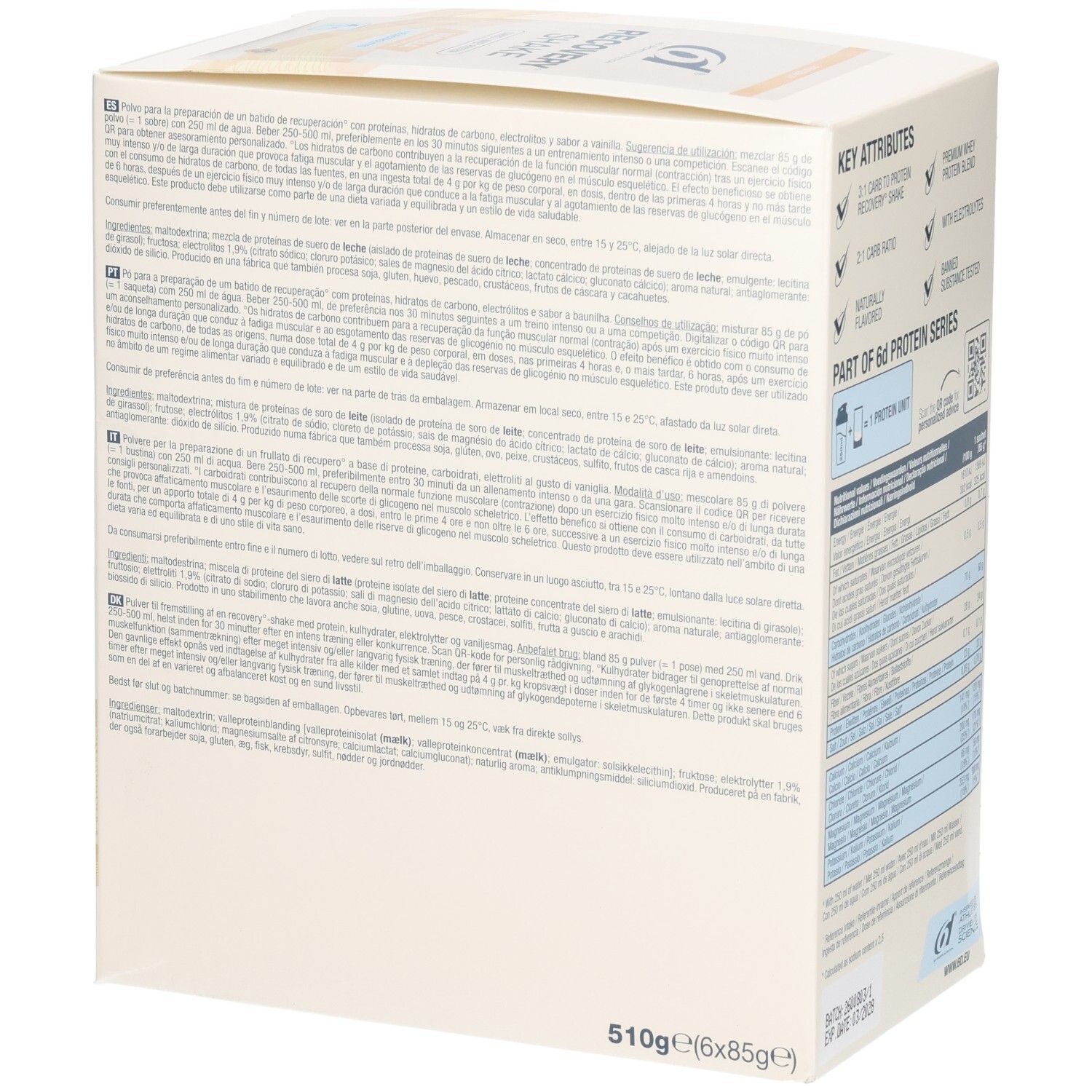 Côté de la boîte Recovery Shake avec instructions d'utilisation détaillées et informations nutritionnelles multilingues.