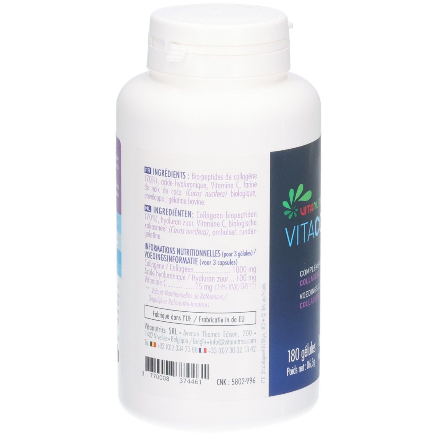 Flacon blanc avec bouchon à vis. Étiquette avec ingrédients et informations nutritionnelles. 180 gélules.