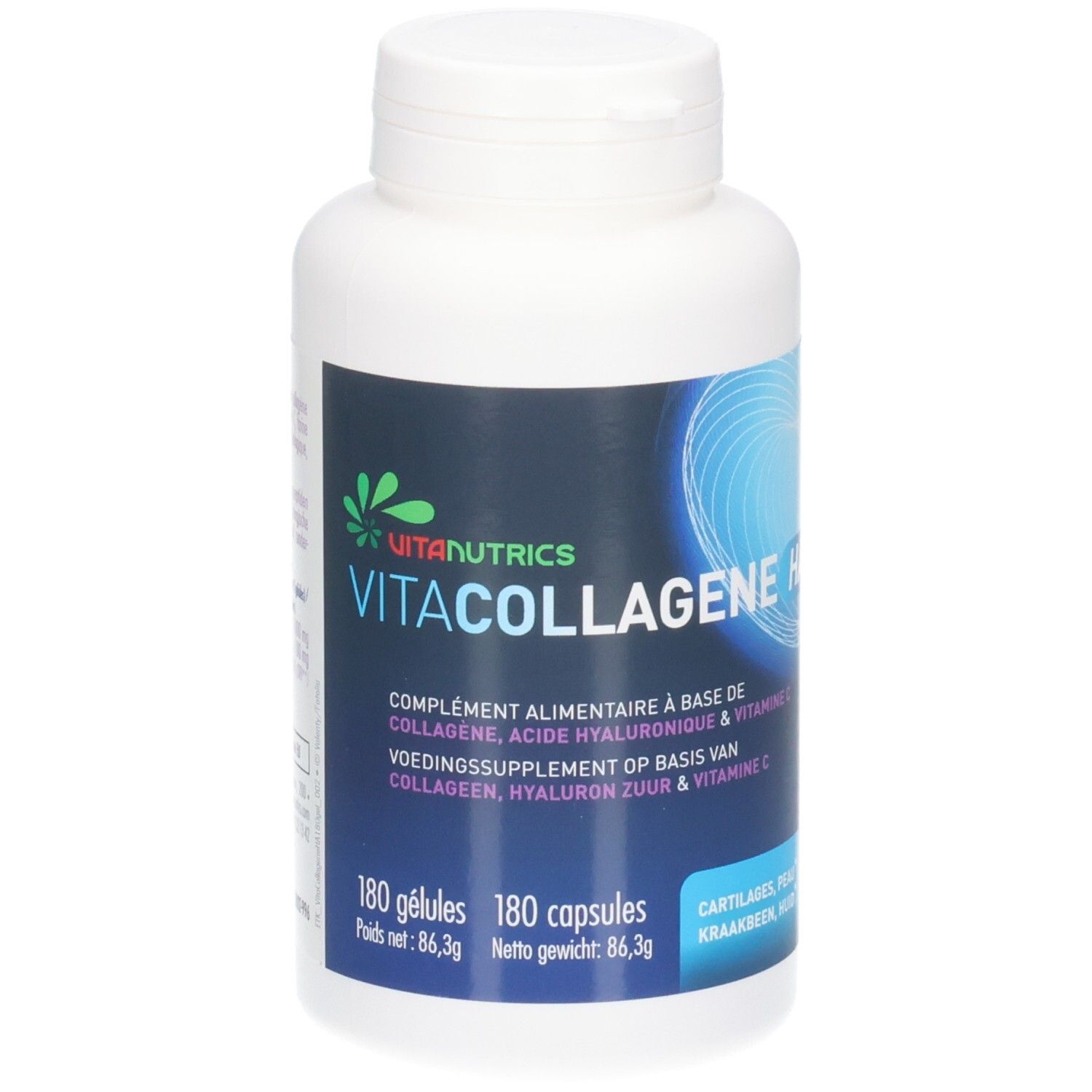 Flacon blanc avec bouchon à vis. Étiquette avec nom du produit: Vitacollagene HA. 180 gélules.