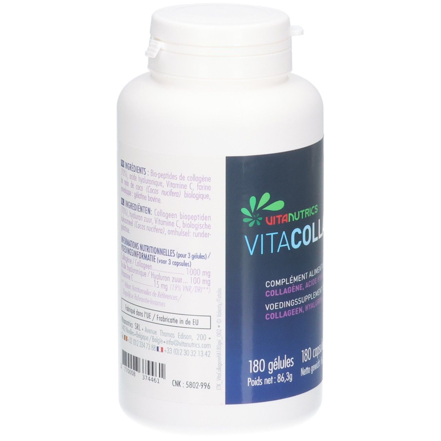 Flacon blanc avec bouchon à vis. Étiquette avec nom du produit: Vitacollagene HA. 180 gélules. Ingrédients.