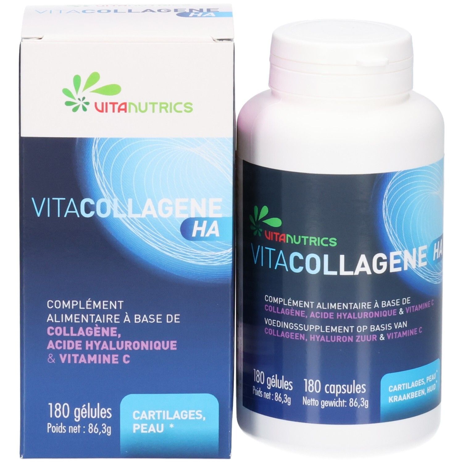 Emballage et flacon. Emballage avec nom du produit: Vitacollagene HA. 180 gélules. Flacon à côté.