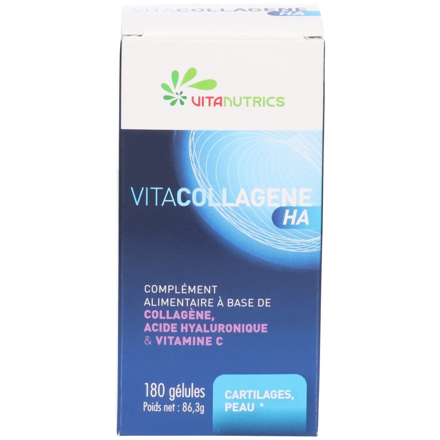 Emballage du produit. Nom du produit: Vitacollagene HA. 180 gélules. Design bleu et blanc. Logo Vitanutrics.