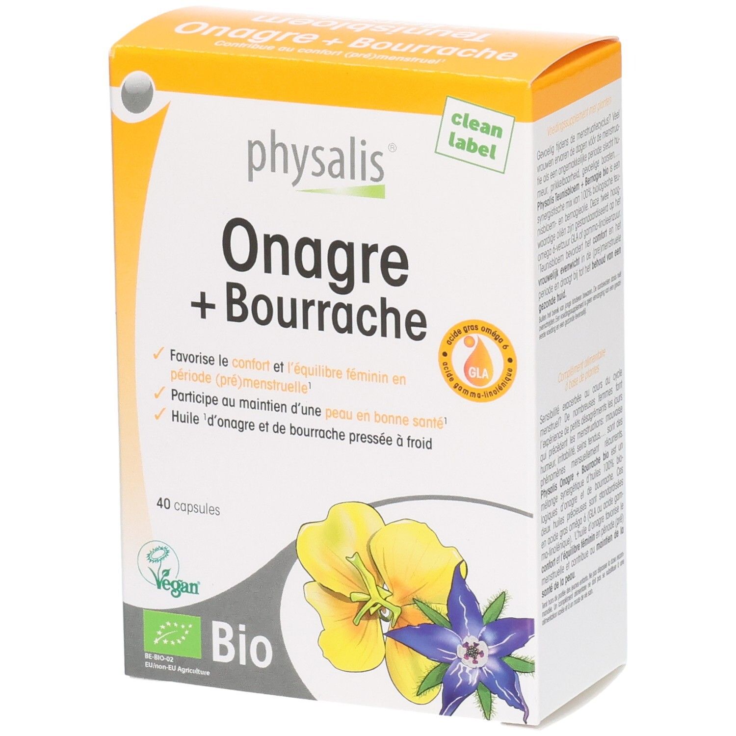 Physalis Onagre + Bourrache, 40 capsules. Certifié Bio avec illustration florale.