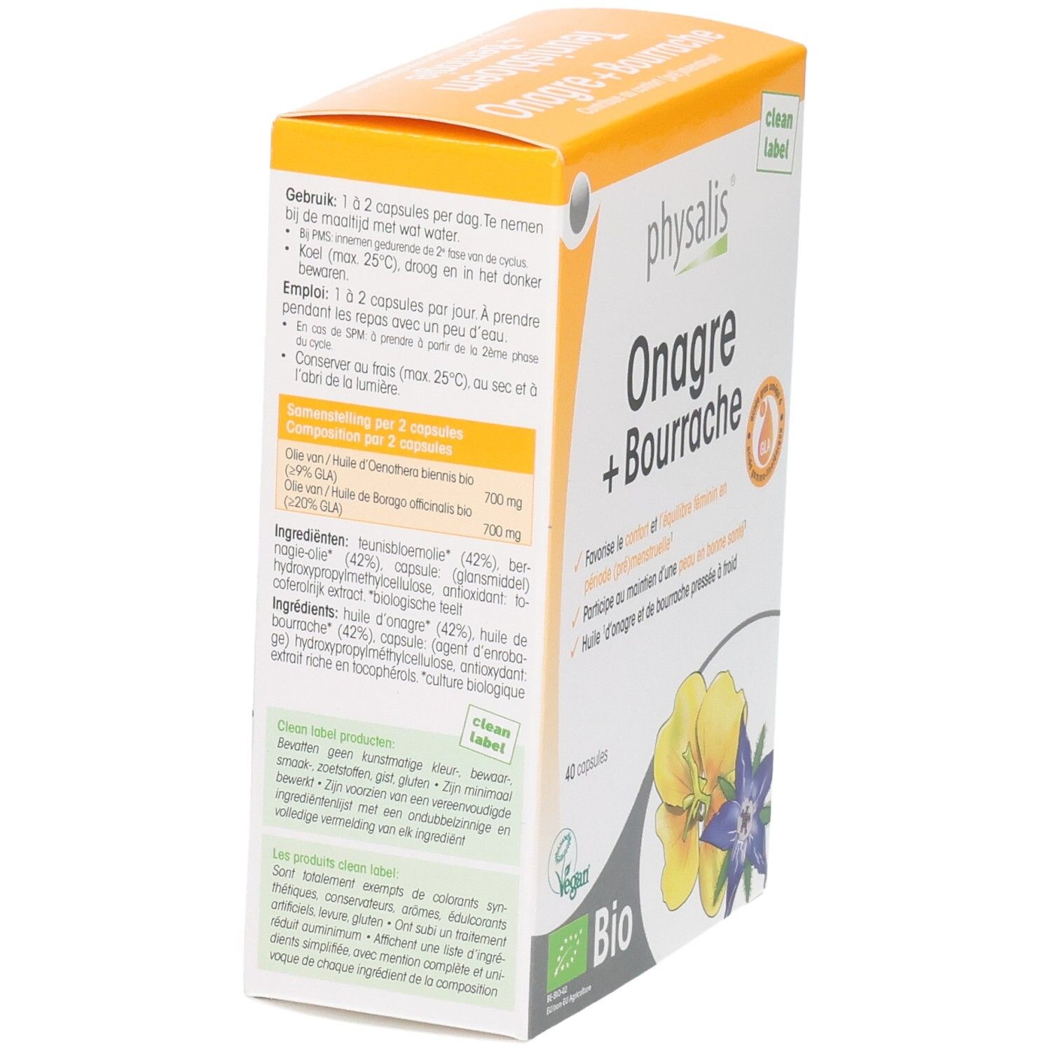 Dos de la boîte Physalis Onagre + Bourrache, avec ingrédients et instructions.