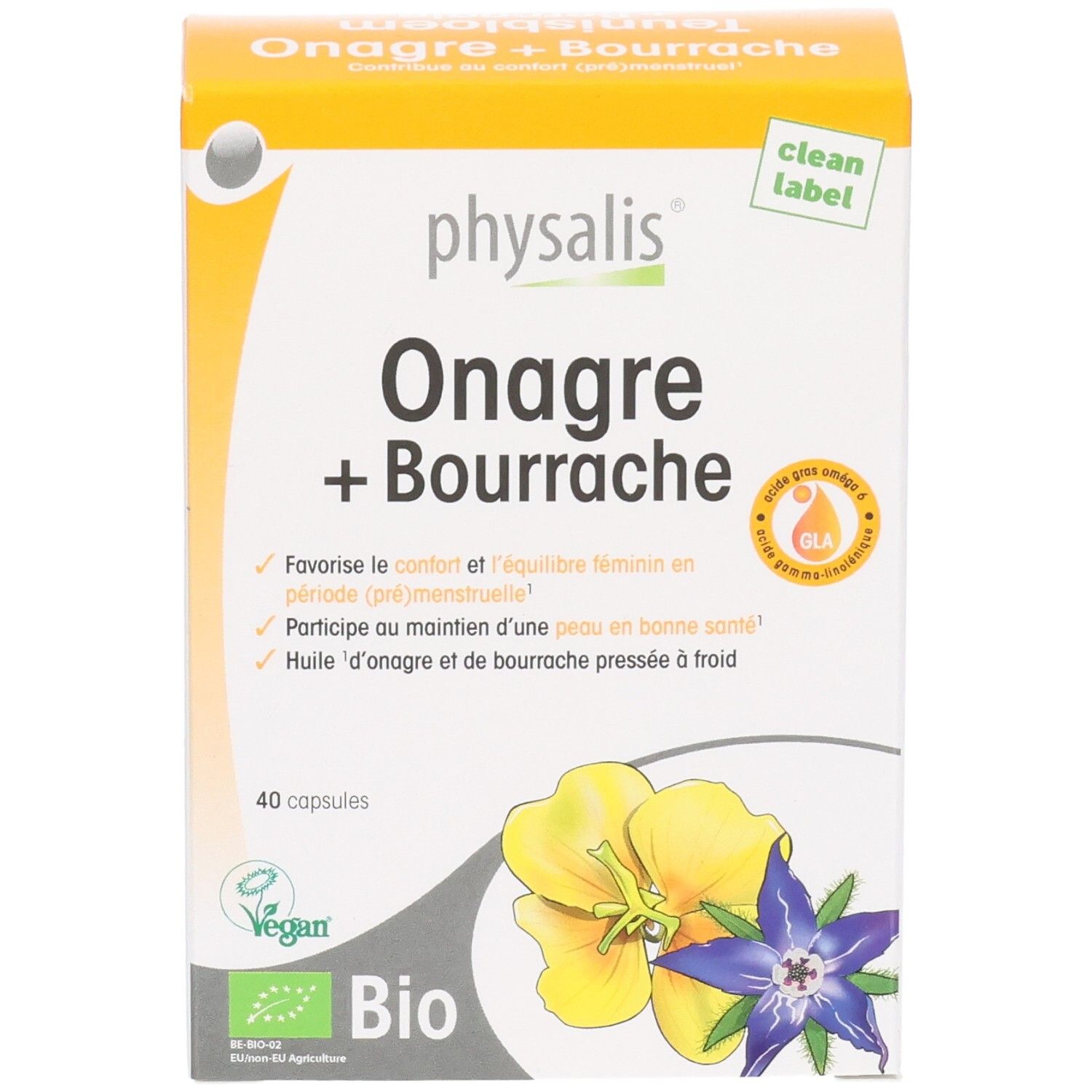 Physalis Onagre + Bourrache, 40 capsules. Certifié Bio avec illustration florale.