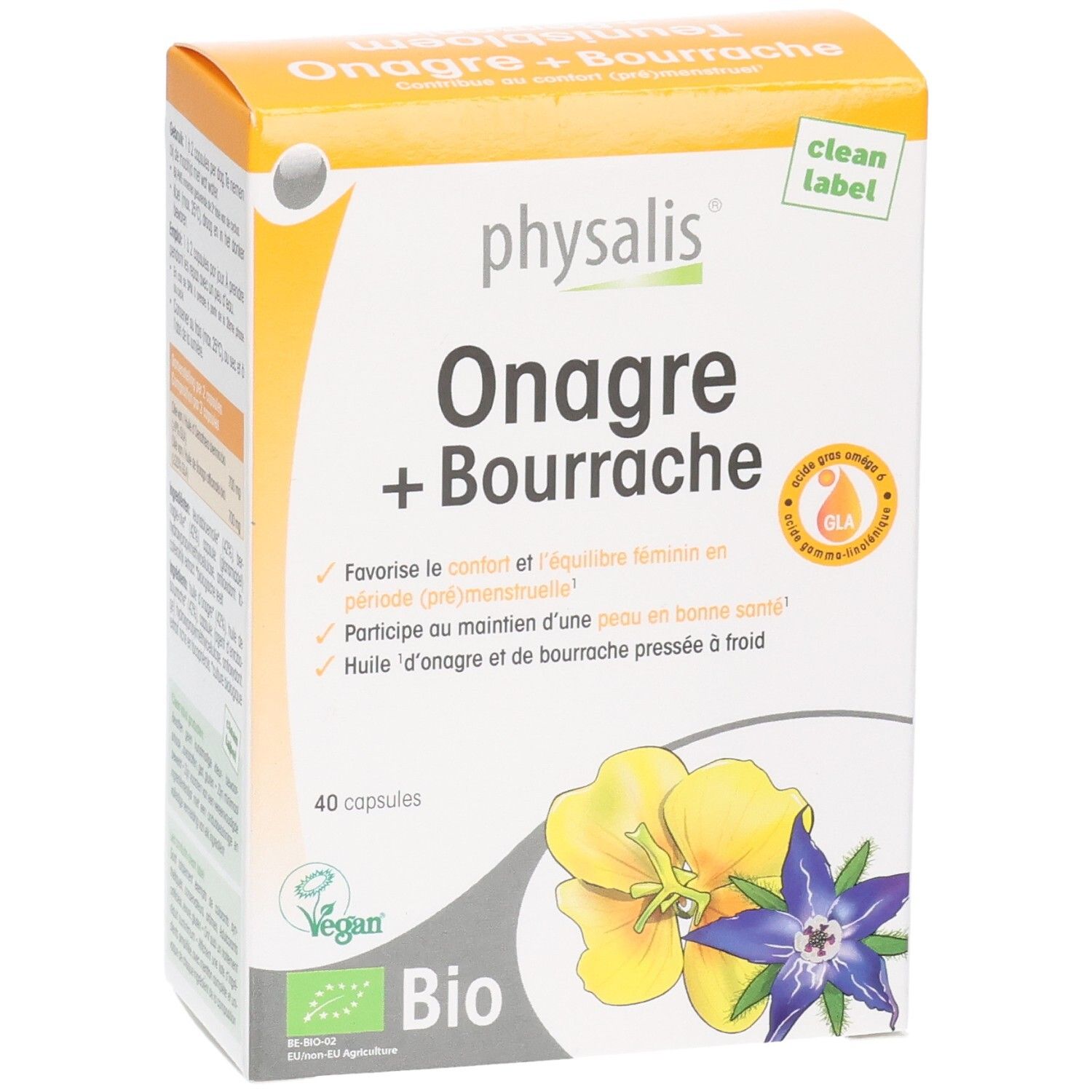 Physalis Onagre + Bourrache, 40 capsules. Certifié Bio avec illustration florale.