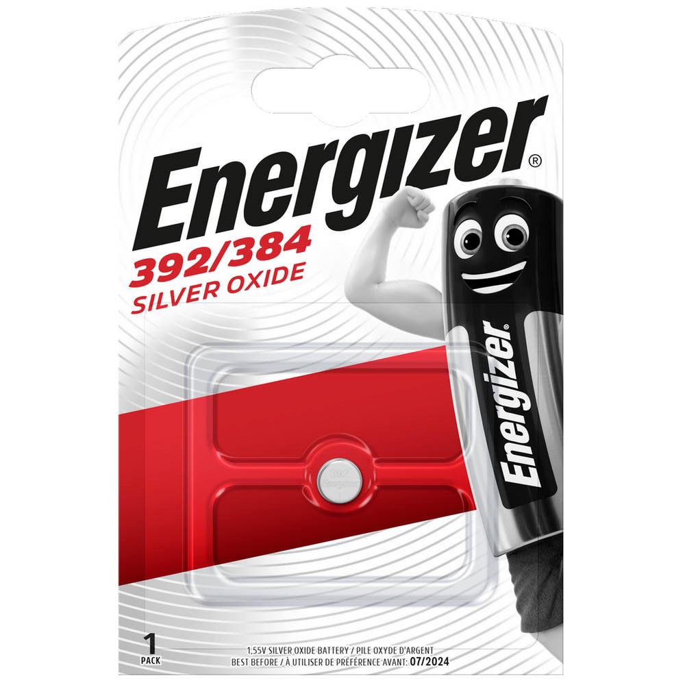 Pile Energizer 392/384 Silver Oxide dans un emballage blister. Pile noire et argentée avec le logo "Energizer". "1 PACK".