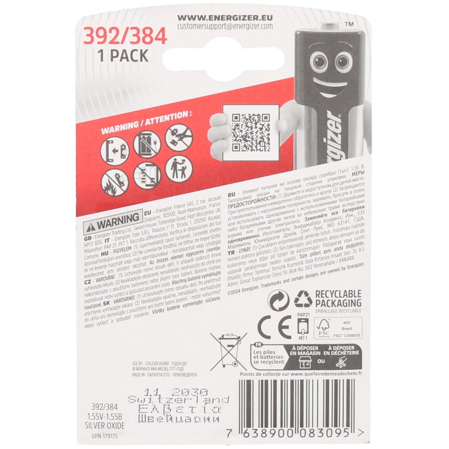 Dos de l'emballage de la pile Energizer 392/384. Avertissements, code QR, symboles de recyclage et marquage CE.