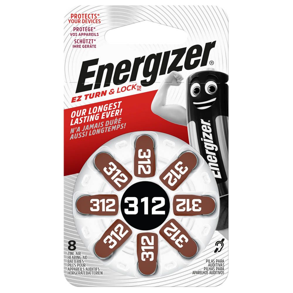 Piles pour appareils auditifs Energizer, taille 312, 8 piles, technologie EZ Turn & Lock.