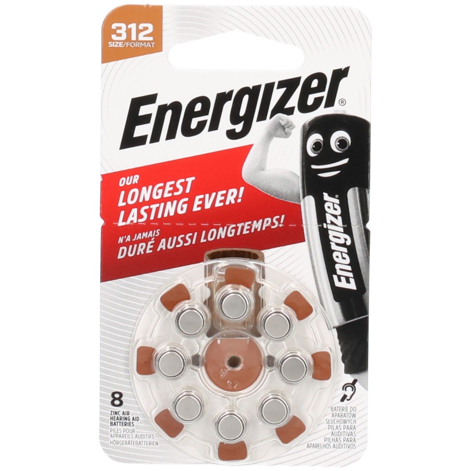 Piles pour appareils auditifs Energizer, taille 312, 8 piles sous blister.