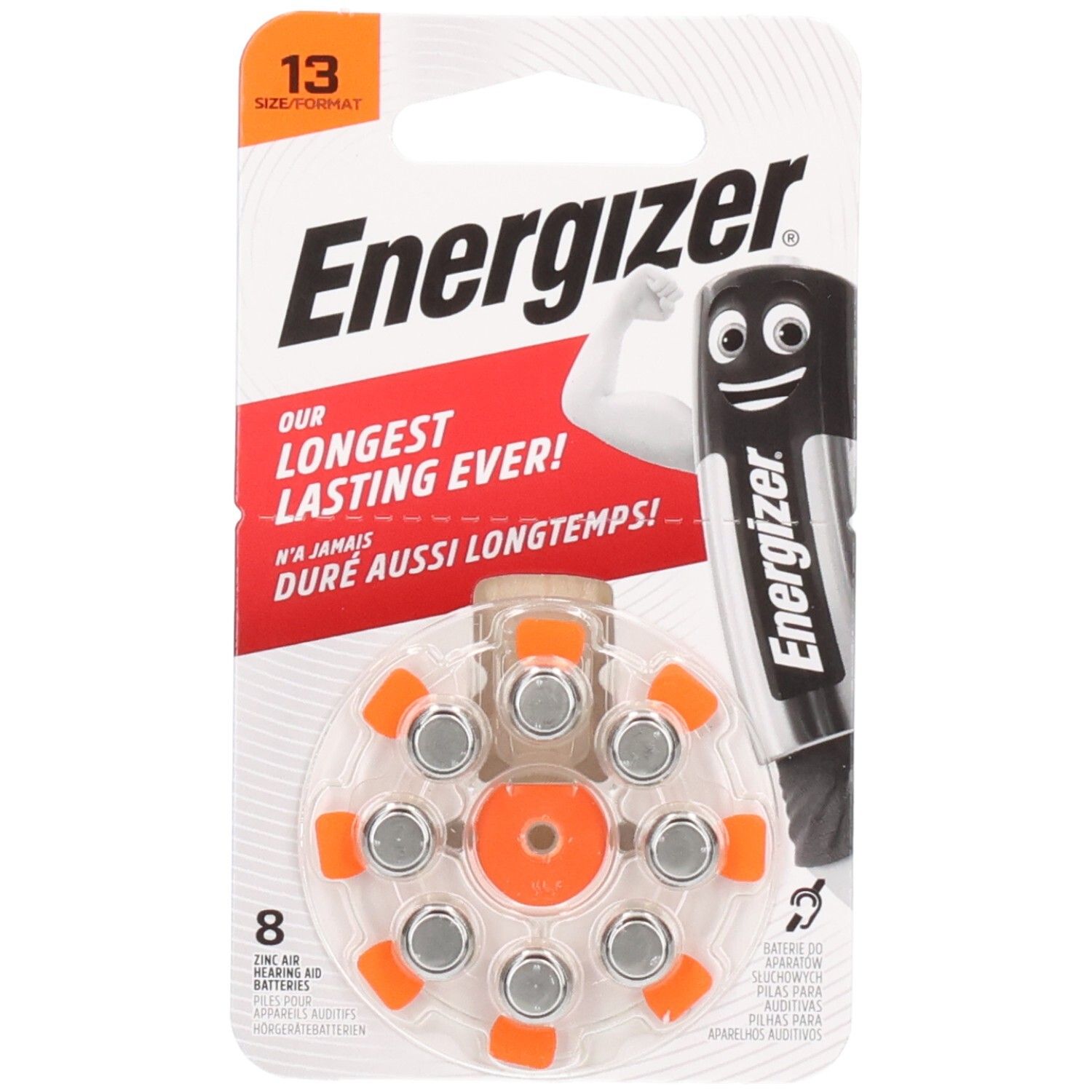 Piles auditives Energizer, taille 13, en blister. 8 piles visibles. Languettes orange, piles argentées. Logo "Energizer".