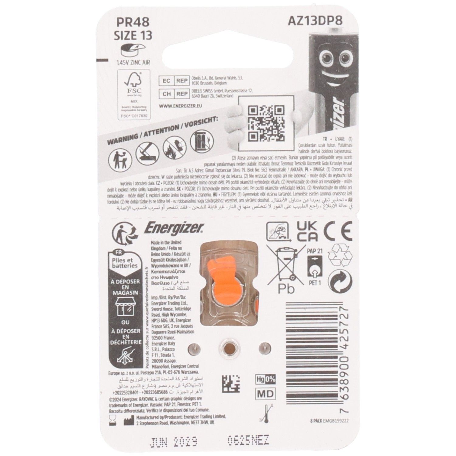 Dos de l'emballage des piles auditives Energizer. Informations, avertissements, code QR, symboles de recyclage. Pile orange visible.