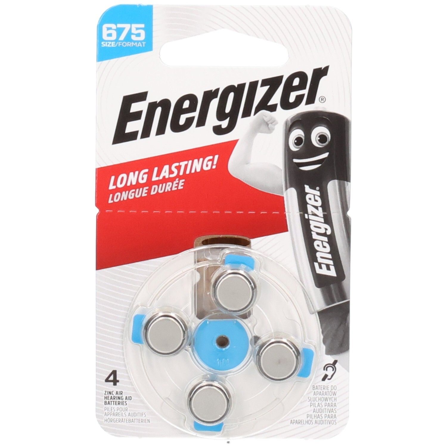 Paquet de 4 piles auditives Energizer 675. Emballage blister. Texte: "LONG LASTING!". Image d'une pile avec un visage souriant.