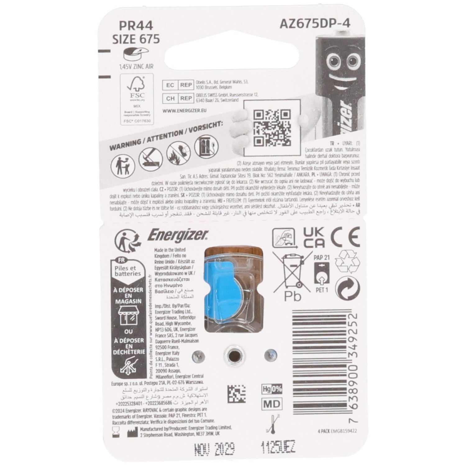 Dos de l'emballage de piles auditives Energizer. Informations, avertissements, code QR, symboles de recyclage. Piles visibles à travers l'emballage.