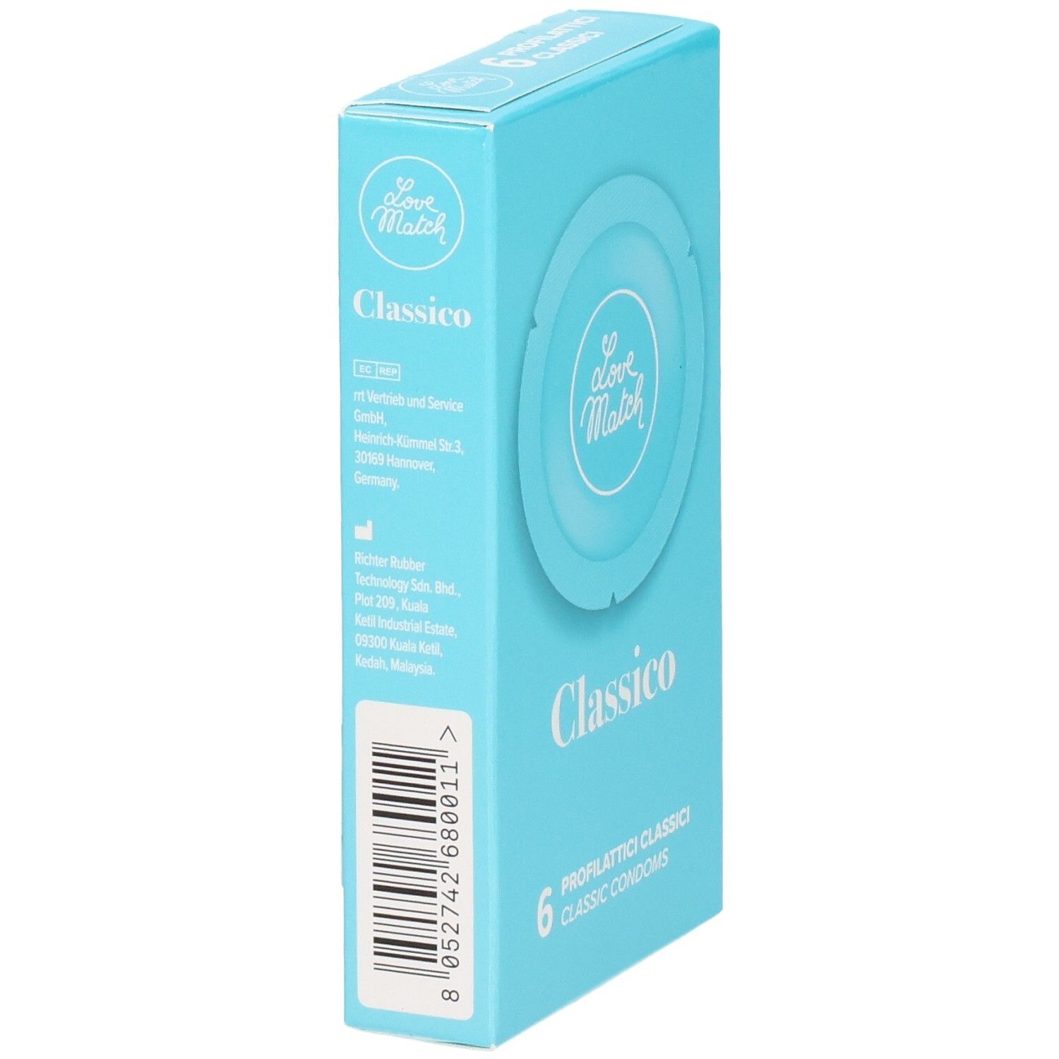 Vue latérale de la boîte de 6 préservatifs Love Match Classico et informations produit.