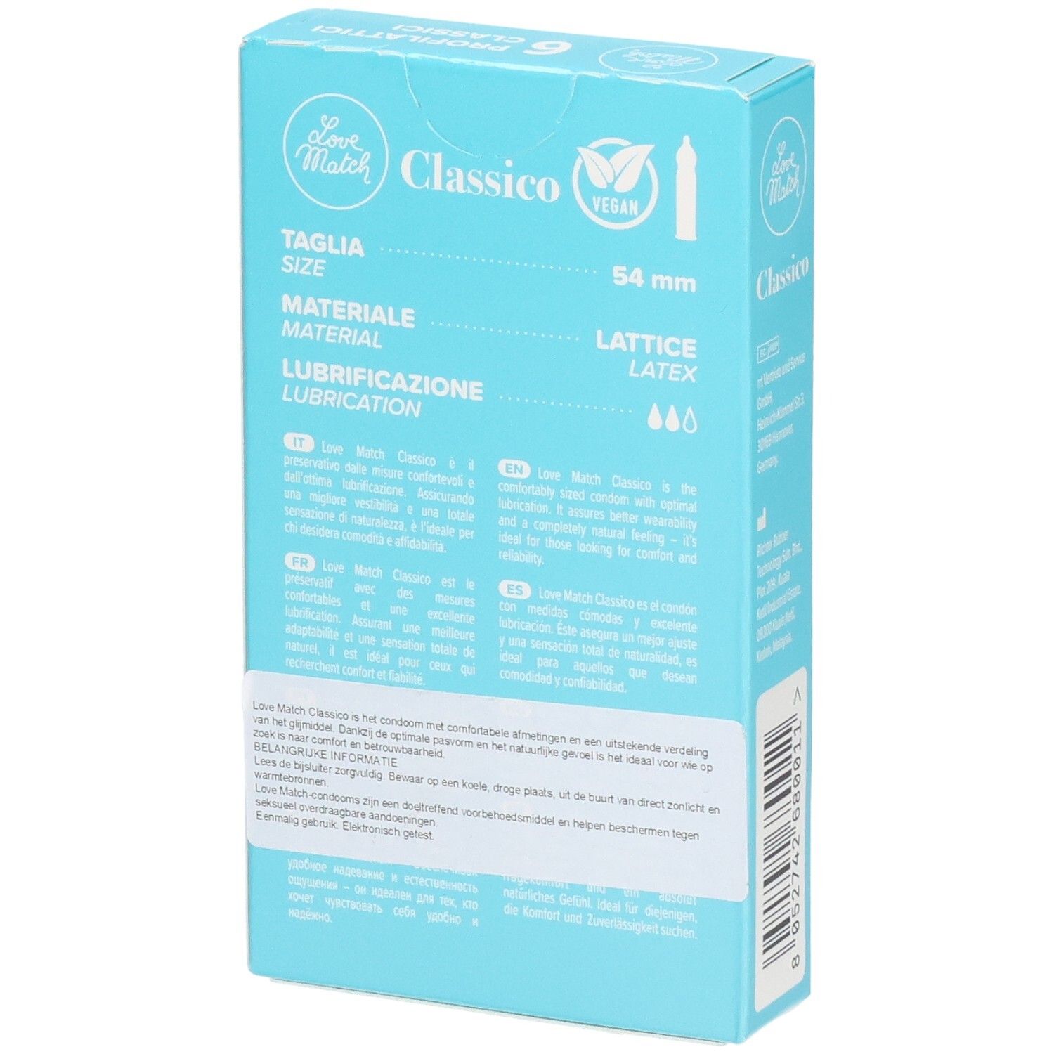 Dos de la boîte de 6 préservatifs Love Match Classico, matière et taille.