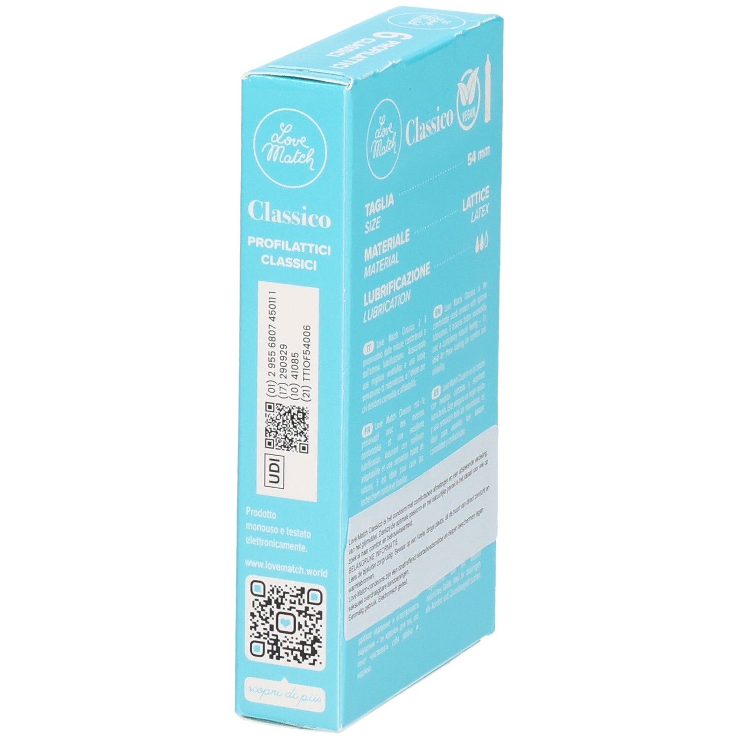 Vue latérale de la boîte de 6 préservatifs Love Match Classico, UDI et code QR.