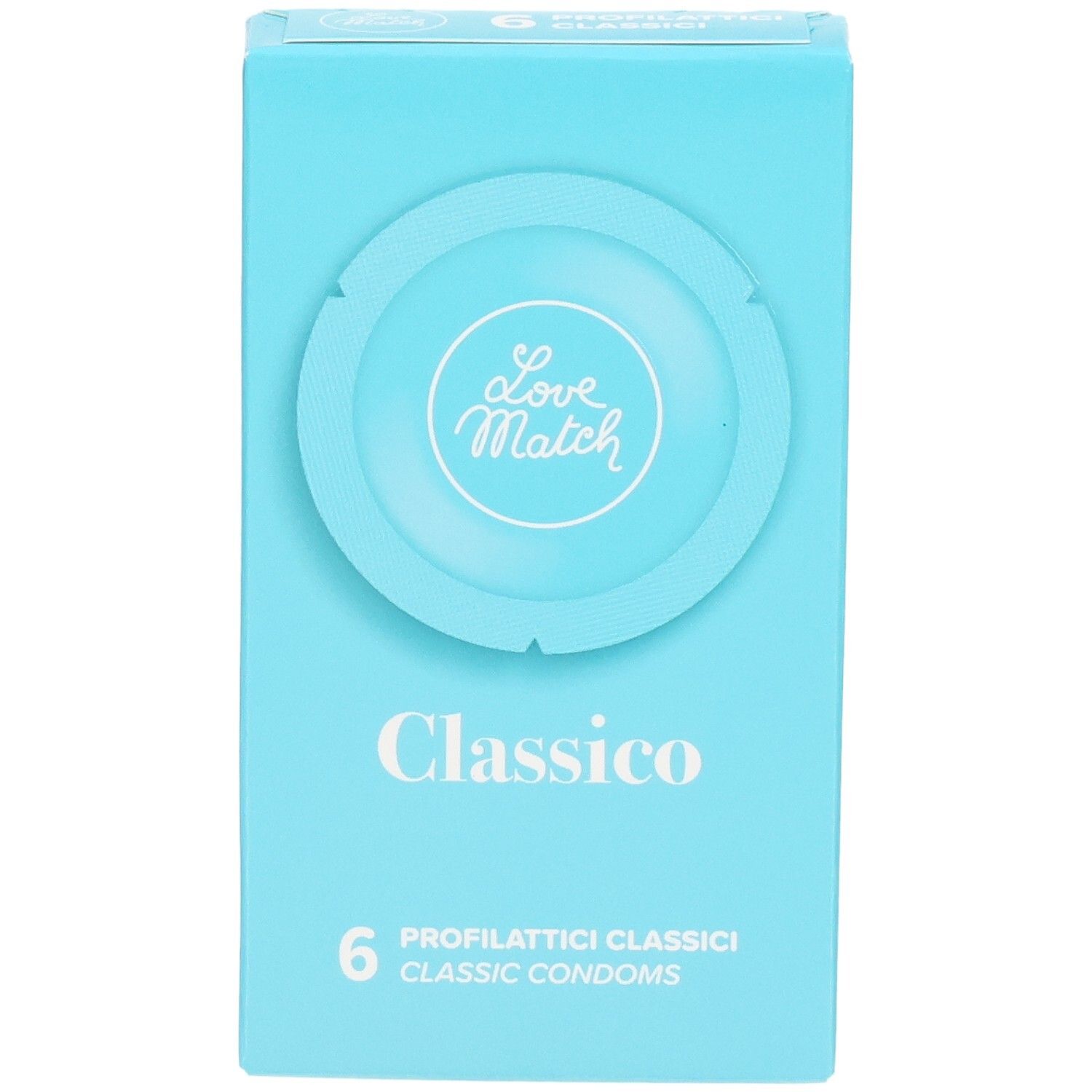 Boîte de 6 préservatifs classiques, marque Love Match Classico, face avant.
