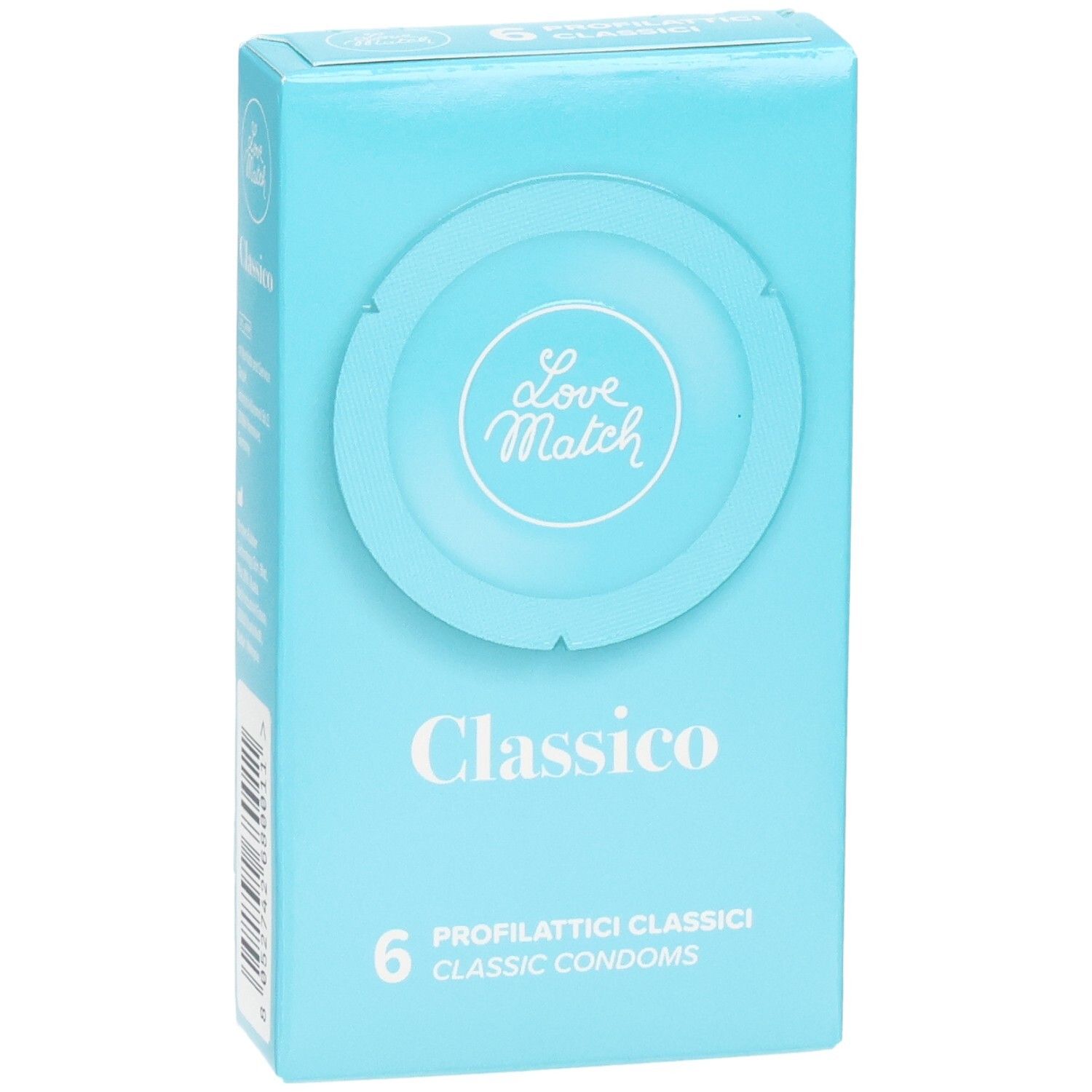 Face avant de la boîte de 6 préservatifs Love Match Classico, bleu clair.
