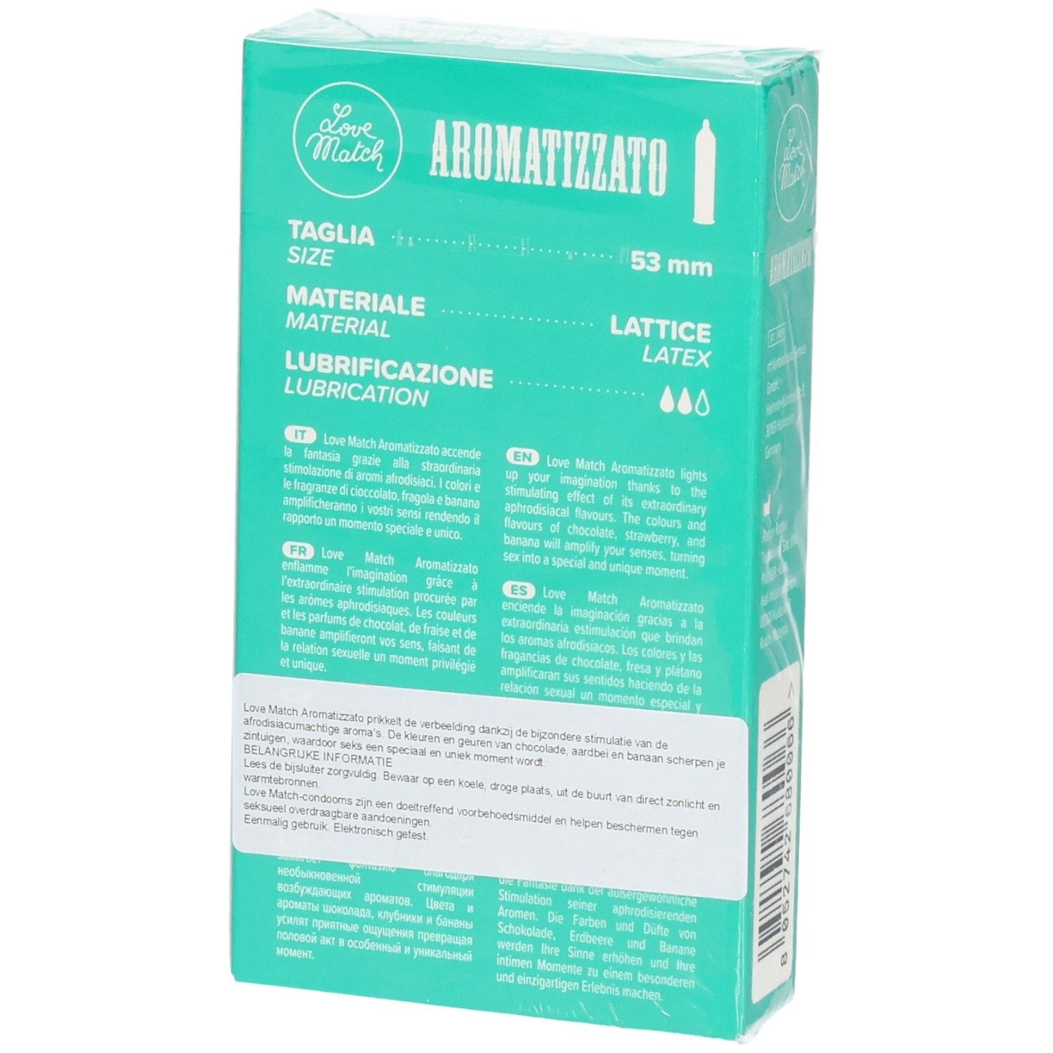 Arrière de la boîte de 6 préservatifs aromatisés Love Match, taille 53mm.