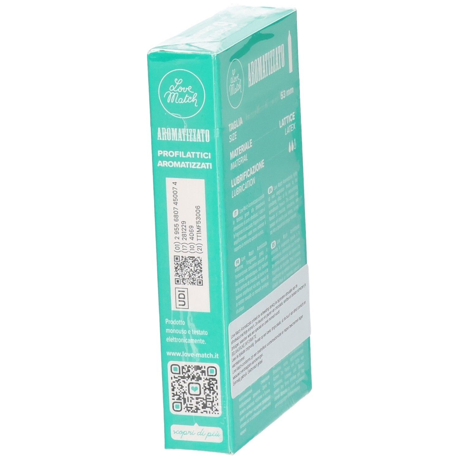 Vue latérale de la boîte de 6 préservatifs aromatisés Love Match avec informations produit.