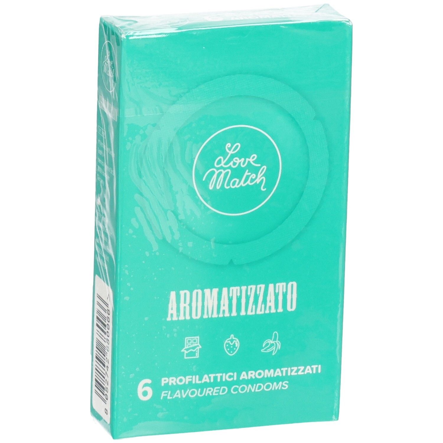 Boîte de 6 préservatifs aromatisés Love Match, vue légèrement de face.