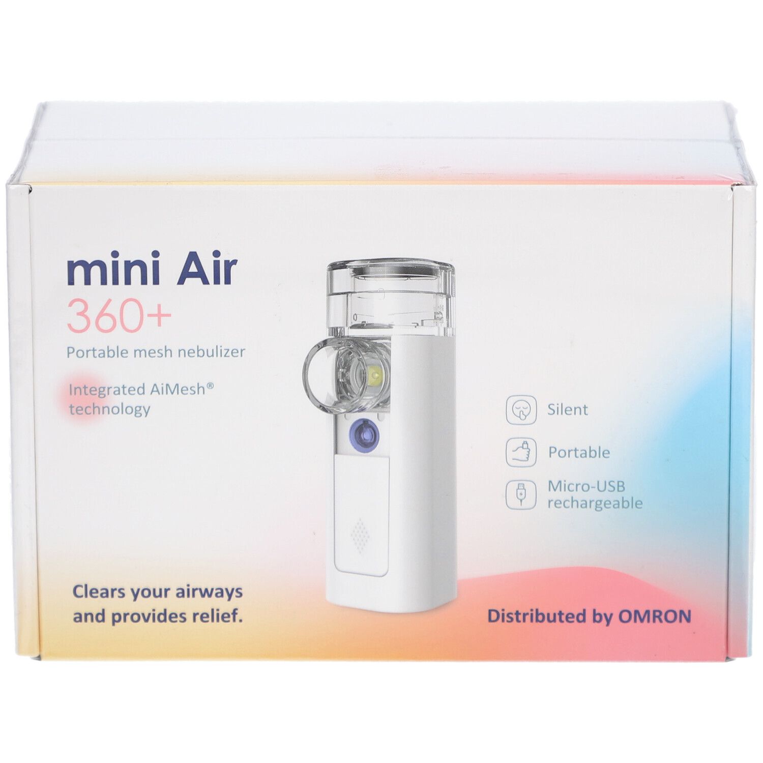 Face avant de l'emballage OMRON MiniAir 360+. Image du produit, nom du produit et logos. Texte: mini Air 360+ Portable mesh nebulizer.