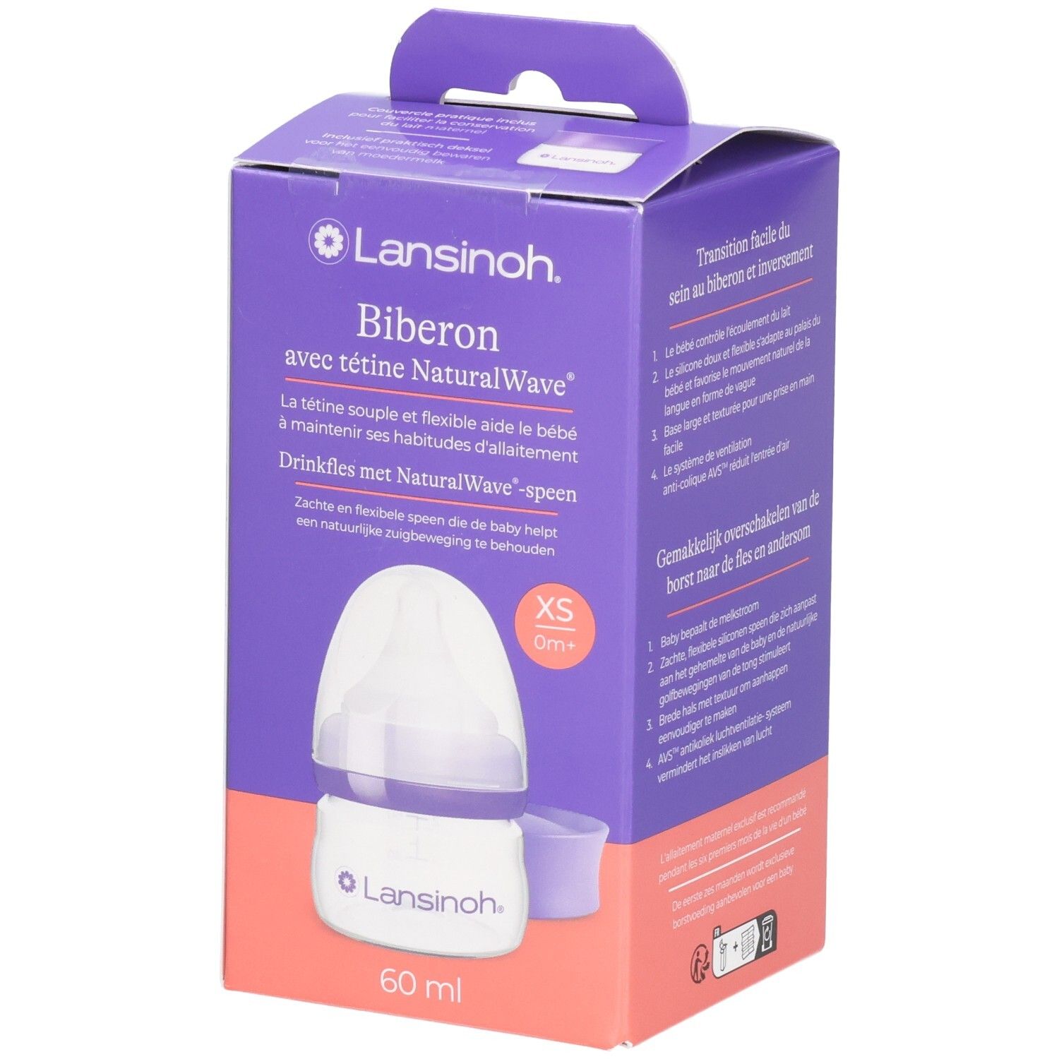 Biberon Lansinoh NaturalWave, 60ml, XS, 0m+.