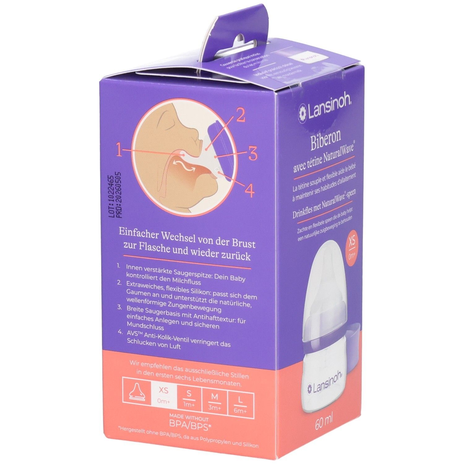 Biberon Lansinoh NaturalWave, 60ml, XS, 0m+.