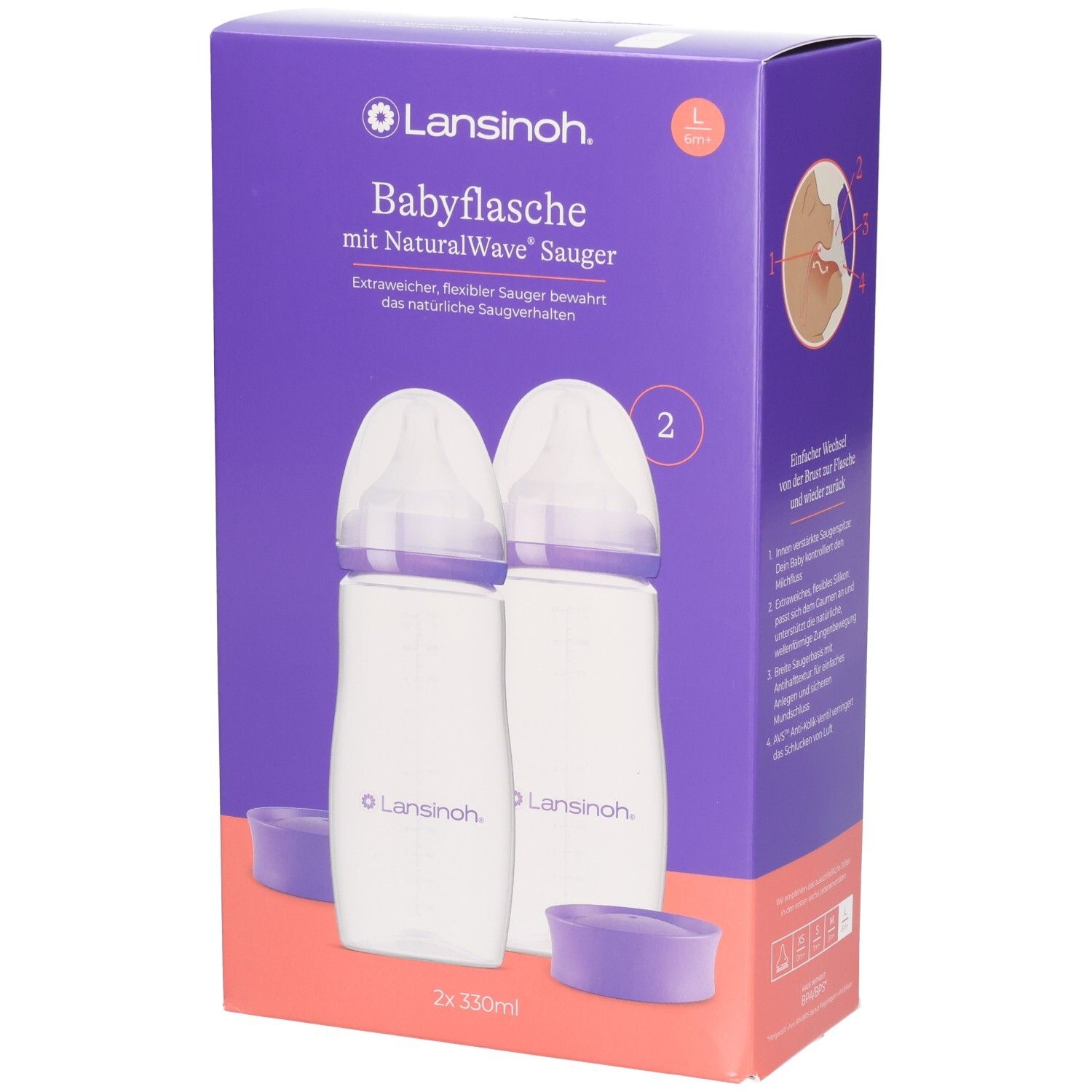 Set de biberons Lansinoh NaturalWave. Deux biberons de 330ml dans un emballage violet.