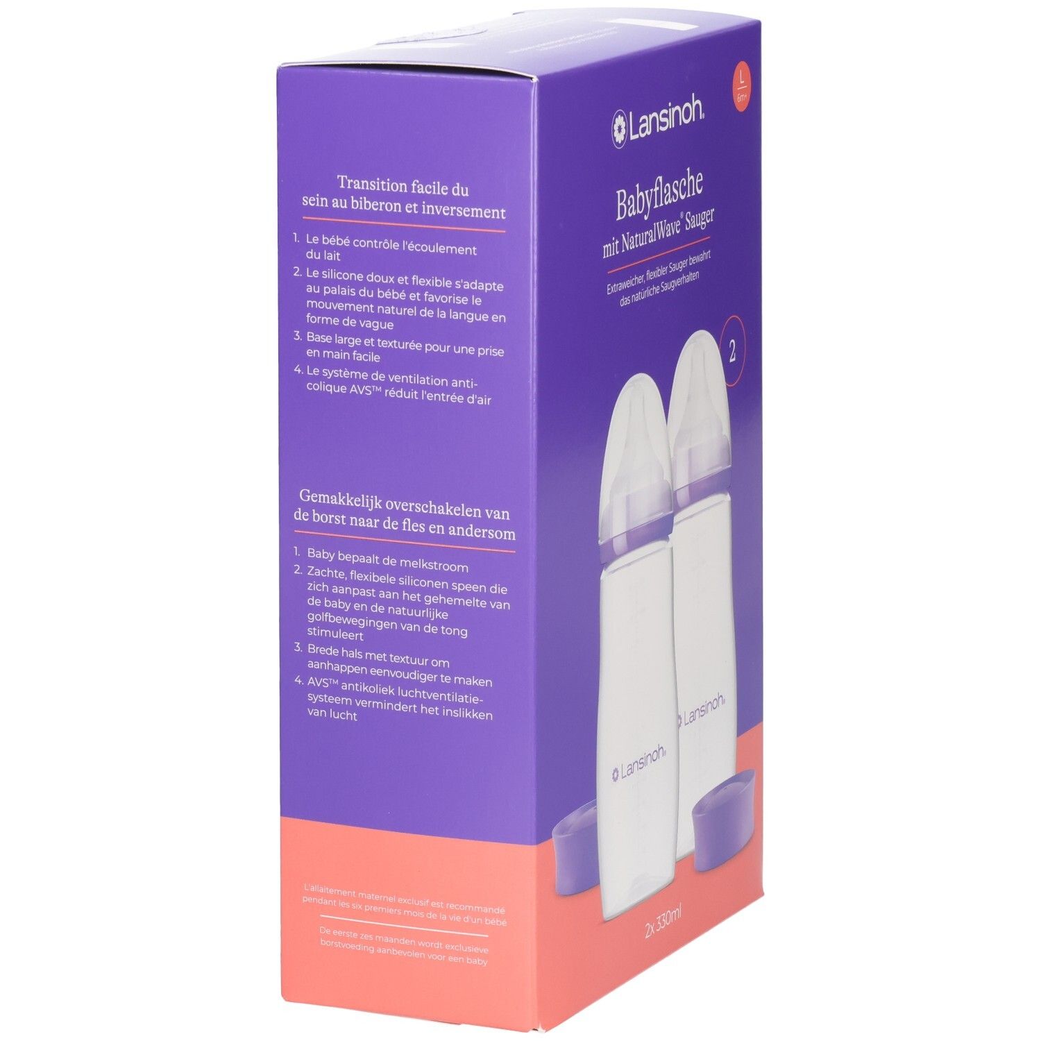 Arrière de l'emballage des biberons Lansinoh avec instructions pour le passage facile du sein à la bouteille.
