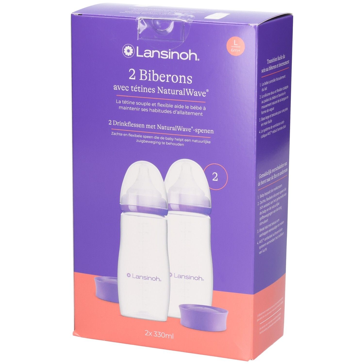 Lansinoh lot de 2 biberons avec tétines NaturalWave. L'emballage montre deux biberons de 330ml.